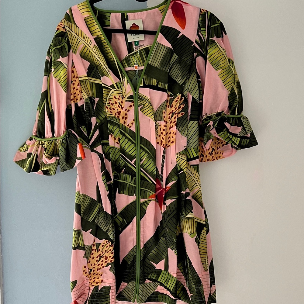 FARM Rio Tropical Leaf Print Mini Dress - Pink and Green